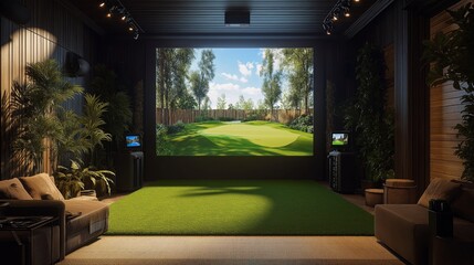 Indoor golf simulation setup with realistic virtual course view
