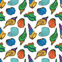 Seamless pattern of colorful seashells with a playful, hand drawn style. Imperfect coloring effect of a childs artwork. The uneven strokes and spontaneous coloring 