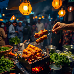 Street barbecue with meat skewers sizzling, very hot fire burning and man preparing food