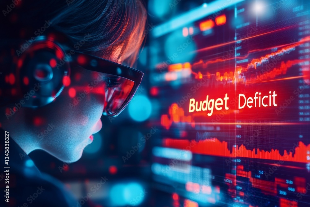 Poster a financial analyst looking at a red downward-trending graph labeled 