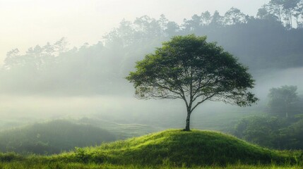 Solitary Tree in Misty Morning Landscape