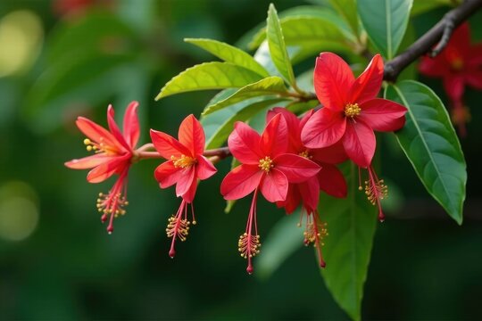 the shape and size of jambo flowers vary across different parts of a tree branch, blossoms, flowers, foliage
