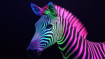 Vibrant zebra with neon stripes illuminated against a dark background in artistic display. Generative AI