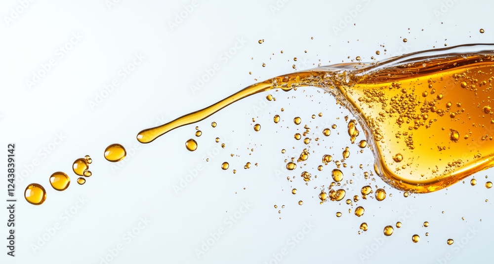 Aufkleber Golden drops of honey splash against a light background, creating a dynamic display. The fluid movement highlights the thick, viscous nature of this natural sweetener, emphasizing its rich texture.