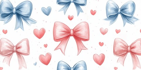 A seamless vector pattern of pink and red ribbons and hearts, perfect for Valentine's Day wrapping paper, digital backgrounds, and festive designs.