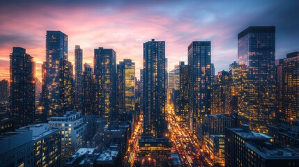 City skyline illuminated at dusk with towering skyscrapers and vibrant lights in New York. Generative AI