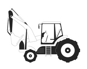 Excavator side view black and white 2D line object. Cabin, digging arm vehicle and tires. Industrial equipment. Heavy machinery isolated clip art vector outline item. Monochromatic spot illustration