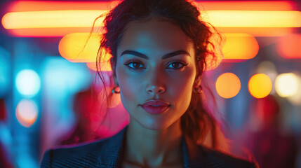 Female startup CEO leads a dynamic meeting in a neon-lit modern office with a diverse team engaged in inspiring discussion