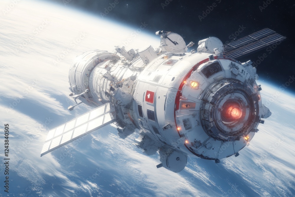 Poster a futuristic space station orbiting earth with scientists conducting experiments