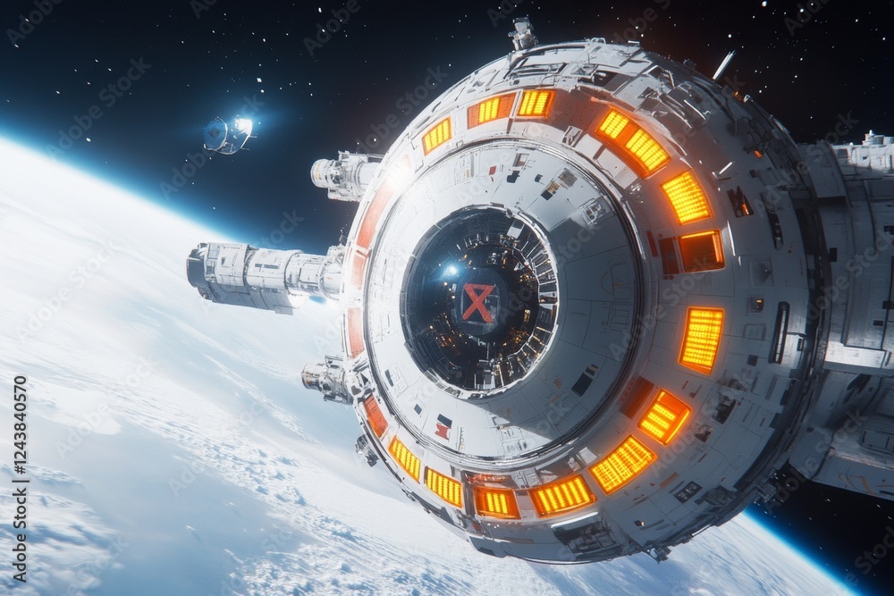 Poster a futuristic space station orbiting earth with scientists conducting experiments