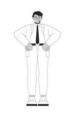 Arab male business administrator with hands on hips black and white 2D line character. Power pose. Businessman in corporate attire isolated vector outline person. Monochromatic spot illustration