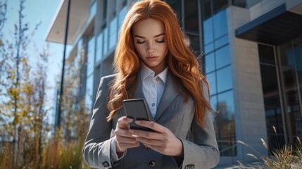 Professional woman using smartphone outdoors in modern office environment during sunny day. Generative AI