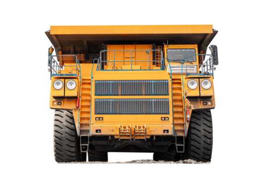 Large quarry dump truck. Big yellow mining truck at work site. Loading coal into body truck. Production useful minerals. Mining truck mining machinery to transport coal from open-pit production