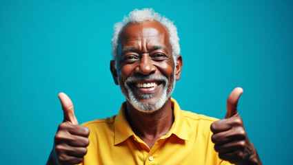 Happy elderly man in a yellow shirt showing thumbs up against a plain blue backdrop.
