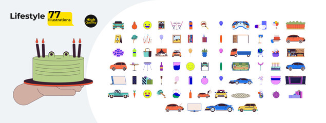 Lifestyle cartoon flat illustrations mega bundle. Various purposes and situations demonstrating items 2D images isolated on white. Routine life performing objects collection vector drawings colorful