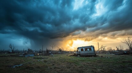 Truck under a stormy sky, dramatic landscape photography of vehicle in field