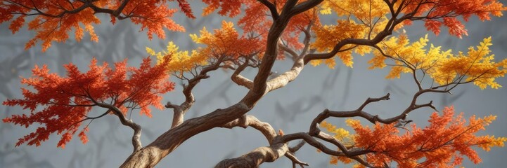 Fototapeta premium Vibrant autumn colors on a branch of an abstract tree, autumn, branch