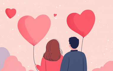 Minimalist digital illustration of a romantic couple with heart-shaped balloons against a soft pink background
