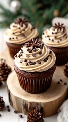 Three chocolate cupcakes with caramel frosting, chocolate chips, and star anise.