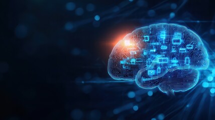 Obraz premium A digital illustration of a brain with glowing circuitry, symbolizing artificial intelligence and neural connections in a high-tech environment.