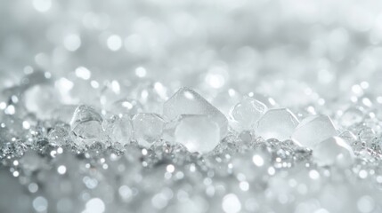 Sparkling ice crystals closeup, blurred background, winter texture, holiday design
