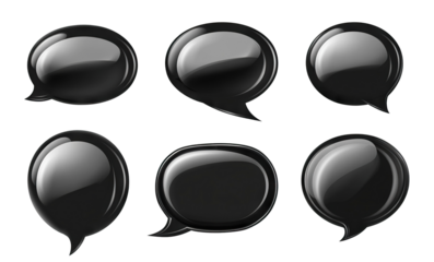 Set of six glossy black speech bubbles, isolated on transparent cutout background