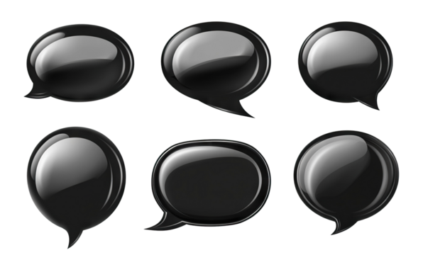 Set of six glossy black speech bubbles, isolated on transparent cutout background
