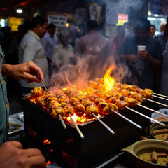 Street barbecue with meat skewers sizzling, very hot fire burning and man preparing food