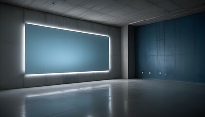 Fototapeta premium Una gran pantalla blanca iluminada o una pantalla en una habitación oscura y minimalista con piso y paredes de concreto. La iluminación crea un efecto cálido