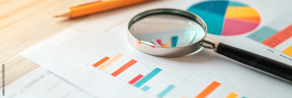 Aufkleber magnifying glass is placed on colorful bar and pie charts, suggesting a close examination of busines