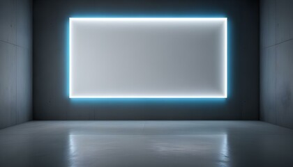 Fototapeta premium Una gran pantalla blanca iluminada o una pantalla en una habitación oscura y minimalista con piso y paredes de concreto. La iluminación crea un efecto cálido
