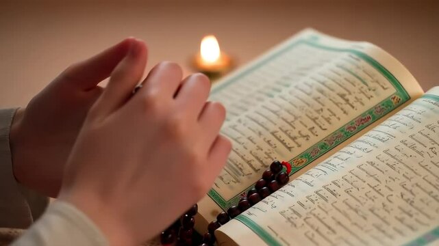 A serene and spiritual close-up video of hands gently holding the Quran, with prayer beads (tasbih) resting on its pages. Perfect for Ramadan, Eid, or spiritual-themed designs.