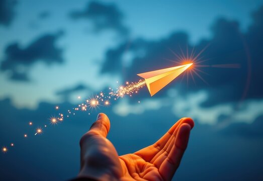 A hand releases a paper airplane with a trail of sparkling light following it symbolizing dreams aspirations and the pursuit of goals.