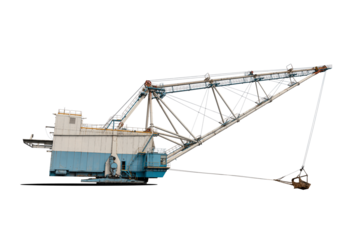 Walking excavator working at coal mine. Dragline Excavator Loads Soil, Clay. Work Walking Excavator In Open Pit. Working Heavy Machinery. Working on construction site