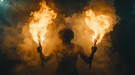 Fire performer ignites the night with vibrant flames and dramatic smoke effects in a captivating display. Generative AI