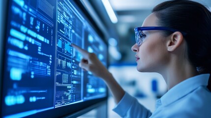 Focused woman in glasses working on computer, data analysis and productivity in modern office