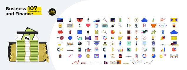 Business and finance cartoon flat illustrations mega bundle. Money operation management process 2D images isolated on white. Corporate assets analytics methods collection vector drawings colorful