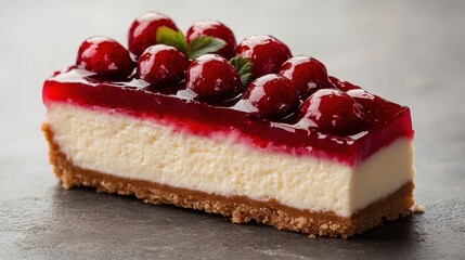slice of cheesecake with red strawberry topping isolated on transparent background