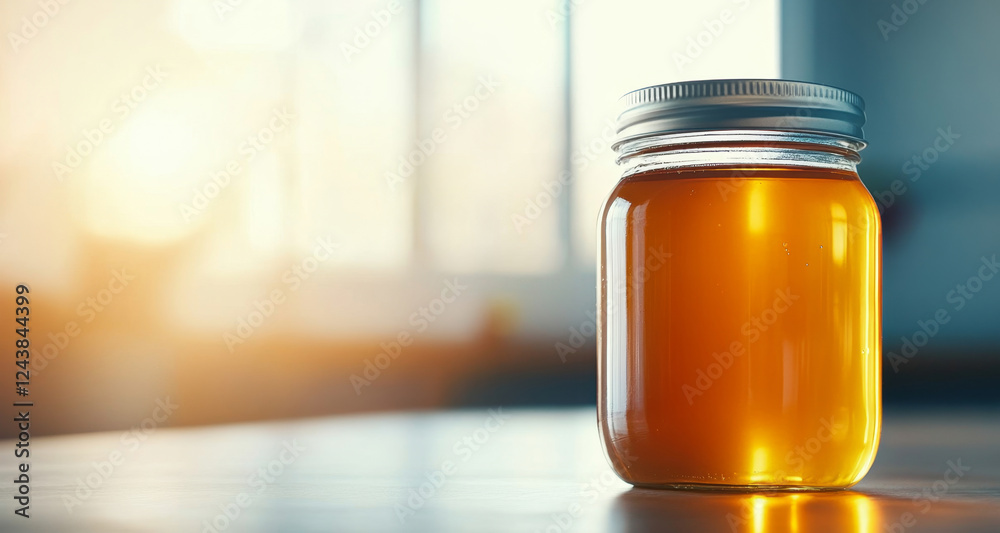 Poster a clear jar filled with golden organic honey sits on a wooden table. the warm sunlight filters throu