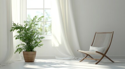 Fototapeta premium Bright and airy indoor space with a potted plant in a minimalist setting during daylight hours. Generative AI