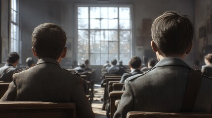 Students in a vintage classroom setting during a lesson with sunlight streaming through windows. Generative AI