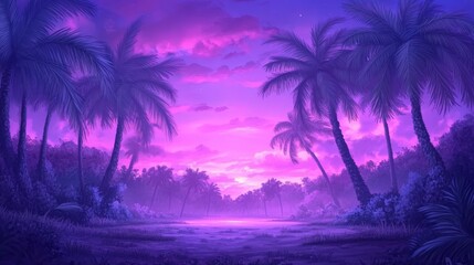 Fototapeta premium Magical purple sunset with palm trees and moonlit path, ideal for serene backgrounds wallpapers