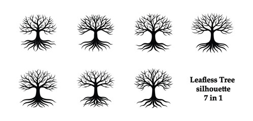 Collection of Tree with roots silhouettes on white background
