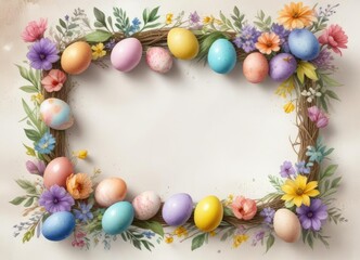 Watercolor Easter decorative frame with colorful eggs and flowers, spring, frame, colorful, eggs, Easter