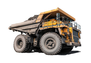 Large quarry dump truck. Big yellow mining truck at work site. Loading coal into body truck. Production useful minerals. Mining truck mining machinery to transport coal from open-pit production