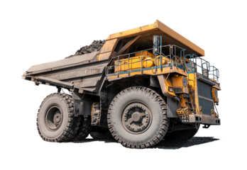 Large quarry dump truck. Big yellow mining truck at work site. Loading coal into body truck. Production useful minerals. Mining truck mining machinery to transport coal from open-pit production