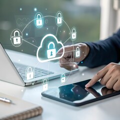 A futuristic digital cloud storage system surrounded by glowing padlocks and cybersecurity symbols