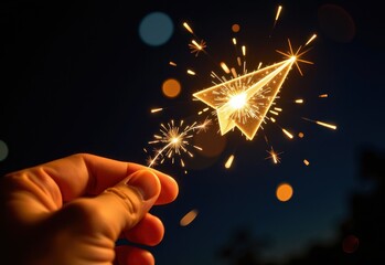 A hand releases a paper airplane with a trail of sparkling light following it symbolizing dreams aspirations and the pursuit of goals.