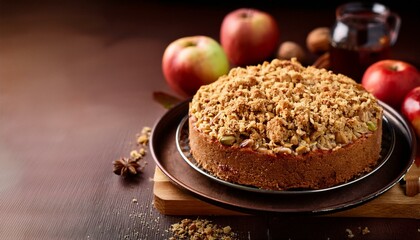 Fototapeta premium apple and nut cake topped with a spicy streusel with copy space image place for adding text or design