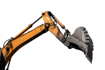 Large quarry dump excavator. Big yellow mining excavator at work site. Loading coal into body truck. Mining digger, mining machinery to loading rock. Production useful minerals